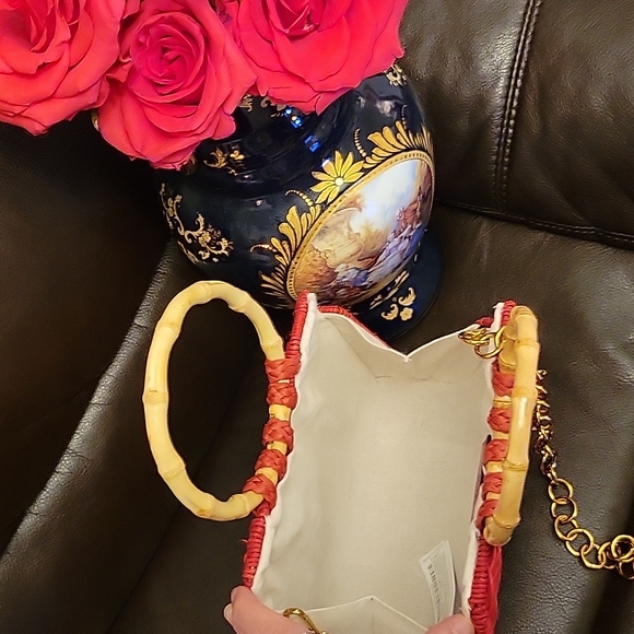 Zara Rattan City Bag Round Handles Fake Bamboo Removable Chain Crossbody Red - Picture 5 of 11